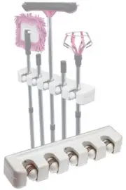 Wall Mounted Mop and Broom Holder - 5 Tool Capacity - Auto Adjusts For Pole Size