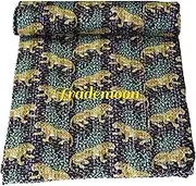 Indian Handmade Animal Print Cotton Kantha Quilt, Bedspread, Throw Blanket Size (Double 90" x 108")