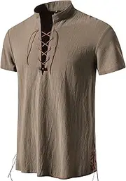 [PARKLEES] Men's Cotton Retro Lace Up Short Sleeve Shirts for Renaissance Pirate Viking Medieval