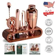 10-Piece Copper Mixology Bartender Kit with Mahogany Stand for Home Bartending