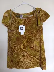 NEW Anne Klein Blouse Flutter Short Sleeve Classic Geometric Top Sz S