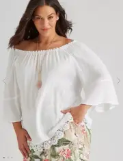 Autograph Tunic Top Plus Size 26 On/Off Shoulder 3/4 Flared Sleeve White Lace