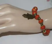 Tickled Pink Red Clay & Bronze Bead Stretch Bracelet Hamsa Hand Charm ~ NWT