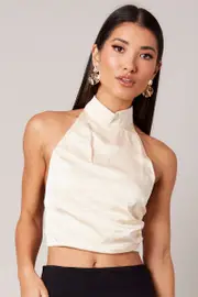 Beige High Neck Top Sleeveless Tie Back Satin - Size 10, Women's Crop Top