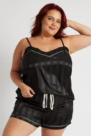 Black Stripe Cami Pyjama Set Contrast Piping Satin Pj Set