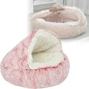 Hooded Dog Bed, Round Plush Pet Cave, Donut Anti-Anxiety Fluffy Dog Bed, Round Soft and Comfortable Padded Nest, Machine Washable, Suitable for Small and Medium Dogs and Cats (Pink)