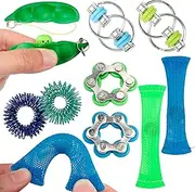 Sensory Fidget Toy 10 Set Flippy Roller Bike Chain Fidget Spinner and Marble Fidget Stress Pea Pod Stress Relief Tools, Spiky Sensory Finger Rings for Kids and Adults with Attention Disorder