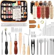 Glarks 61Pcs Leather Working Tools and Supplies Kit, Leather Sewing Kit with Waxed Thread Groover Awl Stitching Punch Tracing Wheel Burnisher Needle Ruler Cutter Craft Knife for DIY Leather Craft