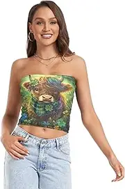 [RPLIFE] Cute Highland Cow Green Leaves Tube Top Strapless Tube Tops for Women, Mesh Tube Tops, Trendy Crop Tops (S)