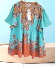 NWT Rose Olive Plus 2X Tunic Top Pintacked Button Up Flutter Short Slv Boho