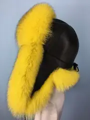 Fox Fur Hat Leather Top Trapper Pom Pom Yellow Fur Black Leather Saga Fox