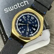 NEW✅ Swatch Irony HAPPY JOE GOLDEN Gold Steel Case Blue Leather Men Watch YWG408