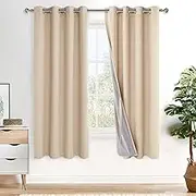 XWZO 100% Blackout Curtains for Bedroom/Living Room - Privacy Protection & Noise Blocking Window Drapes Grommet Top with Black Liner with Tiebacks, Biscotti Beige, W132cm x D160cm, Set of 2