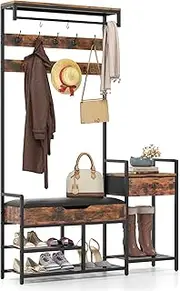 Giantex Hall Tree with Shoe Storage Bench, 178 cm Freestanding Coat Rack w/Shoe Rack, 12 Hooks, Drawer & Storage Shelf, Industrial Entryway Bench w/Metal Frame