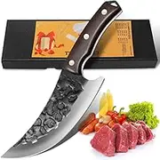 UniqueFire 7 Inch Boning Knife - Hammered Forged Chef Cleaver, Handmade Serbian Full Tang Kitchen Knife With Wooden Handle, High Carbon Butcher Knife for Hunting, BBQ, Camping