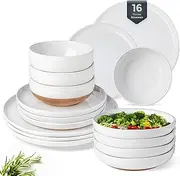 [AmorArc] 16 Pieces Ceramic Dinnerware Sets for 4, Handpainted Plates and Bowls Set with Rustic Terracotta Underside, Scratch Resistant Stoneware Dishes Set, Dishwasher & Microwave Safe, White