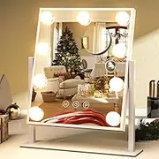 Hollywood Vanity Mirror with Lights, Tabletop Makeup Mirror with 9 LED Lights, 3 Color Lighting Modes Detachable 10X Magnification Mirror Touch Control, 360°Rotation, White