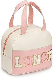 Lunch Bag for Women Insulated Lunch Bag for Men PU leather Small Lunch Bag for Office Work lunch Bag with Chenille Letters Leakproof Freezable Cooler Bag Reusable Portable Lunch Box (White&Pink)