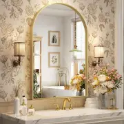 Arched Wall Mirror, 26 X 38 Inch, Gold Metal Frame, HD Silver, Bathroom, Living