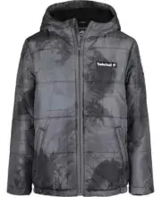 Timberland Storm Printed Puffer Coat Boys 14-16 Gray Hooded Full Zip Lined NEW