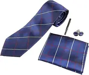 [Zasel] Mens Navy & Maroon Checkered Matching Neck Tie, Pocket Square, Cuff Links And Tie Clip Set Navy, Maroon, Light Yellow