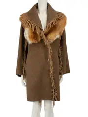 Brown Wool Fur Collar Fringe Coat