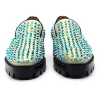 在飛比找蝦皮購物優惠-幻彩鉚釘系列新品藍綠色強調個性紅底平頭厚底樂福鞋