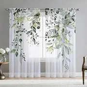 Fereyis Green Eucalyptus Leaves Sheer Curtains for Living Room 84 inch Length 2 Panels Set Elegant Wild Flower Floral Spring Printed Window Curtain Natural Chiffon Drapes for Bedroom