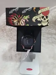 Ed Hardy Men’s Watch Black Rubber Strap W/ Silver Hour Hand & Accents
