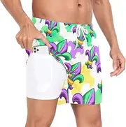 [GuoChe] Men's Swim Trunks Men's 2 Layer Workout Running Shorts Fleur De Lis Mardi Gras Purple Green Phone Pocket Swimwear, Fleur De Lis Mardi Gras Purple Green, Small