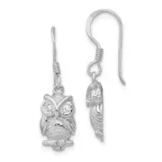 Sterling Silver Rhodium-Plated Cz Owl Shepherd Hook Earrings