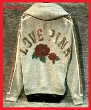 Victoria's Secret Pink Bling Floral Lace-up Hoodie Pullover Gray Red Roses M