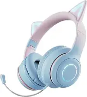 Cat Ear Headphones - Wireless Headphones for Kids | Wireless Cat Ear Headphone, RGB Lighting Foldable Headset with Mic and Volume Control, Stereo Sound Over-Ear Headphone for Girls