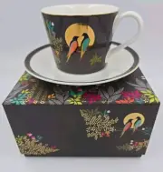 Sara Miller London Portmeirion Tea Cup & Saucer Dark Grey 22ct Gold Detail Birds