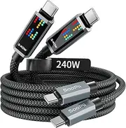 SooPii 240W USB C to USB C Cable [2Pack 2M], Fast Charging USB C Cable with LED Display, Nylon Type C Charging Cord for iPhone 16/16 Plus/16 Pro/16 ProMax/15, iPad Pro/Air, Galaxy S24 Ultra, Black