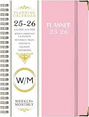 Academic Diary 2025-2026 - A5 Diary Week to View from July 2025 to June 2026, Twin-wire Binding, HardCover, Elastic Closure, 21.7 x 15.8 cm (Pink)