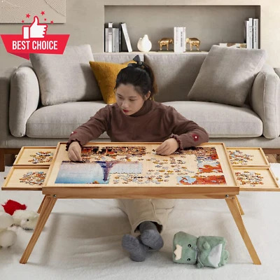 Wooden Jigsaw Puzzle Table 1500 Piece Folding Board 4 Drawers Cover Portable