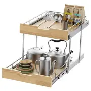 Pull Out Cabinet Organizer,Heavy-Duty Slide Out Shelf, Wood and Wire Basket,