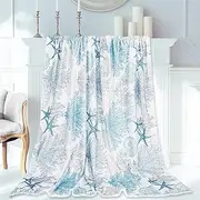 JarThenaAMCS Coral Seashell Starfish Throw Blanket Ocean Beach Coastal Theme Fuzzy Blanket Blue Decorative Soft Cozy Flannel Blanket for Summer Home Bed Sofa Couch Chair, 50 x 60 Inch