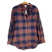 OLD NAVY Boyfriend Flannel Shirt Women M Navy Plaid Button Up Lumberjack NWT