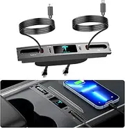 Car USB Charger Multi Port for 2021 2022 2023 Tesla Model 3/Y,Multifunctional Tesla Accessories with Logo and Retractable Cable,Tesla USB hub 100% Fit Center Console Adapter,Gifts for Tesla Owners