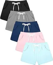 [Poroka] 5 Pack Girls Athletic Shorts Active Performance Shorts Kids Summer Sports Shorts Running Yoga Shorts with Drawstring