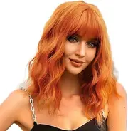 Queentas 12" Short Bob Ginger Yellow Wigs for Women Water Wave Curly Wigs with Bangs Synthetic Hair Wig