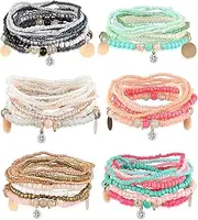 [Kakonia] 6Sets Boho Bead Bracelets Set Multilayered Stackable Bracelets Comfortable Stretch Bracelets Multicolor Bohemian Charm Bracelets for Women Girls