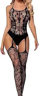 [Ormromra] Erotic Lingerie Woman Black, Women's Fishing Net Bodystocking, Bodystocking with Open Crotch, Sexy Catsuit Woman with Open Crotch Sleepwear, Hollow Lingerie Tights Lingerie, black, NO