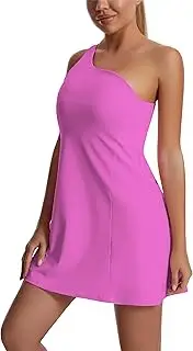 [JEGGE] Womens Tennis Dress, One Shoulder Workout Athletic Golf Dresses with Shorts & Bra Pockets Active Exercise Dress