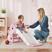 Kids Indoor Slide with Climber, Basketball Hoop, Giraffe Design, with Small Basketball, Ages 1-3 (Pink)