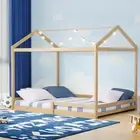 Oikiture Double Kids Wooden Bed Frame Timber House Beds Base with Fence Natural