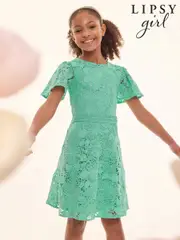 Lipsy Green Flutter Sleeve Lace Occasion Dress (5-16yrs) (AJ0547) | $115 - $134