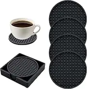 EKIND 3.94'' Silicone Drink Coasters Set, Non-Slip & Heat-Resistant Round Cup Mats with Square Silicone Storage Tray, Bar Table Protectors for Hot or Cold Drinks, for Various Cup Sizes(Black, 4-Pack)